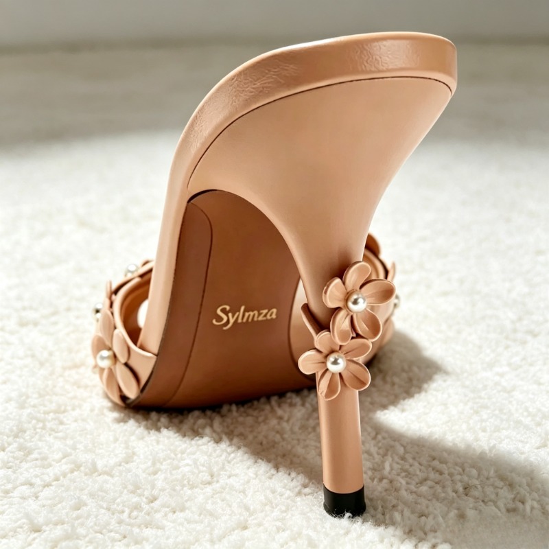 Square Toe Mule - Elegant Flower Pearl Detail Heeled Mule
