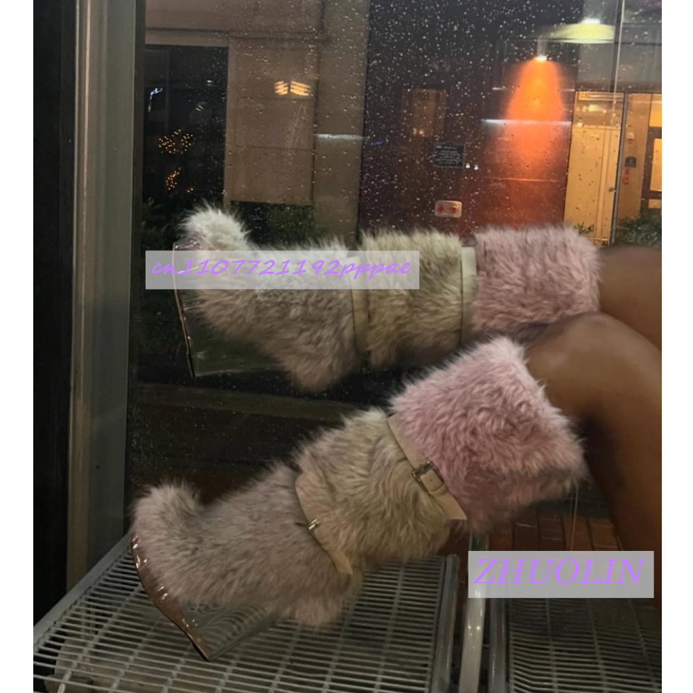 High Knee Heel Boots - Winter Gradient Furry Transparent Wedge Boots