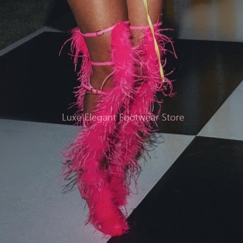 Pink Feather Strappy Hollow Bu - đánh giá và giá High Knee Heel Boots