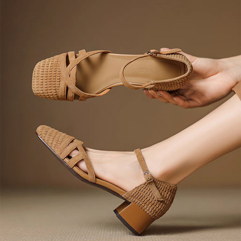 Retro Weave High Heel Sandals  - đánh giá và giá Square Toe Mule
