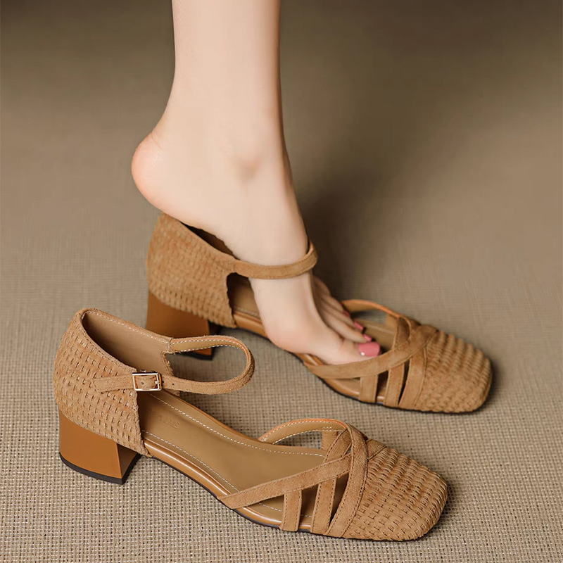 Retro Weave High Heel Sandals  - đánh giá và giá Square Toe Mule