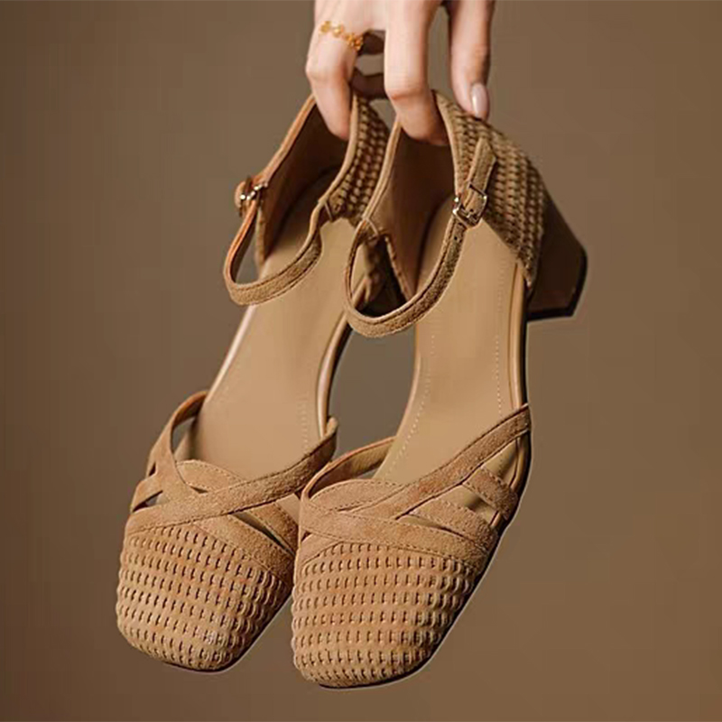 Retro Weave High Heel Sandals  - đánh giá và giá Square Toe Mule
