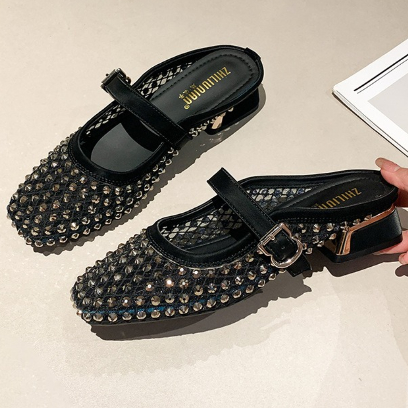 Mesh Rhinestone Chunky Heel Mu - đánh giá và giá Mule Slip On