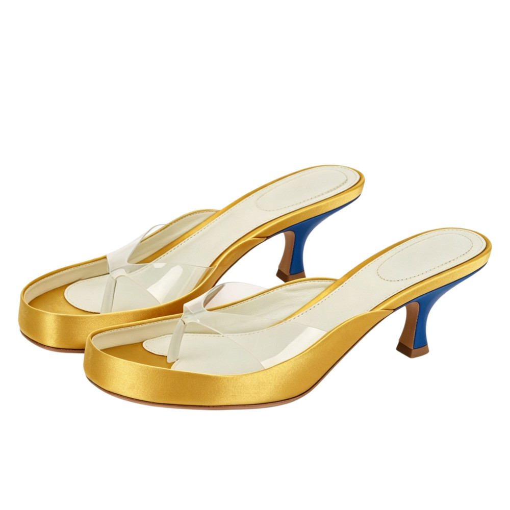 Women Gold Satin Thong Mules C - đánh giá và giá Clear Strap Heel